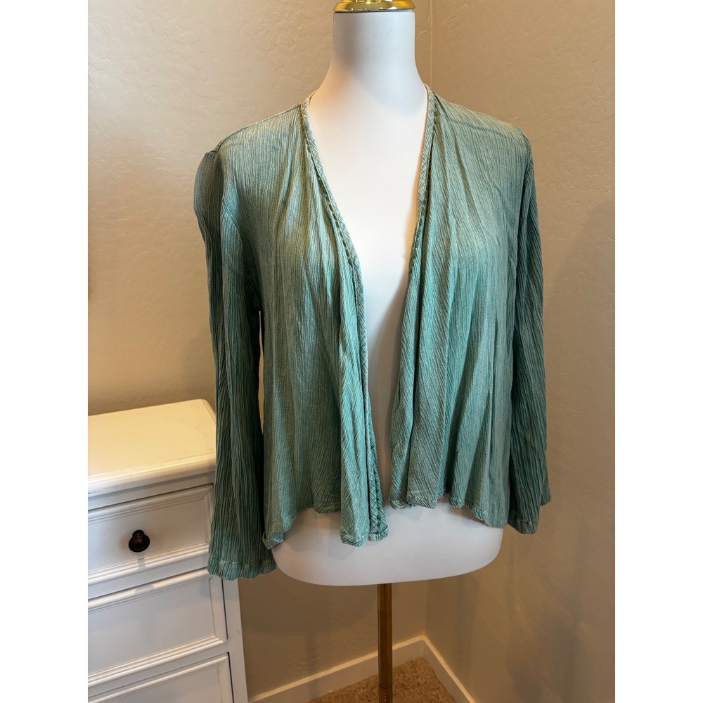Sacred Threads Sage Green Crinkle Open Front Cardigan Vintage Boho OS